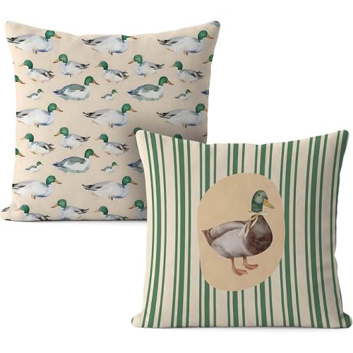 Vintage Green Mallard Duck Pillow Covers 18x18, Mallard Duck Nursery Decor, Farmhouse Country Farm Animal Decorative Throw Pillow Covers for Home Living Room Kids Bedroom Sofa Couch Set of 2
