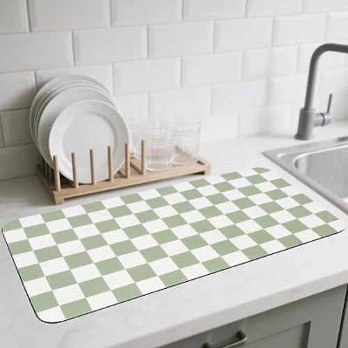Checkered Dish Drying Mat for Kitchen Counter, Absorbent Non-Slip Coffee Mat, Heat Resistant Mat for Countertops Coffee Bar Decor 17" x 32" Green