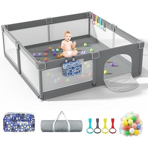 LUTIKIANG Baby Playpen, 79" X 71" Extra Large Playpen for Babies and Toddlers with Gates, Baby Play Yards, Baby Fence Play Area, Safety Indoor Baby Play Area with Ocean Balls (Grey)