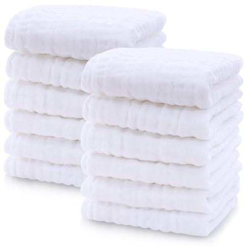 Cute Castle 12 Pack Muslin Baby Washcloths - Large 12'' by 12'' - Ultra Soft 100% Cotton - Super Absorbent Burp Cloths for Unisex, Boy, Girl -White