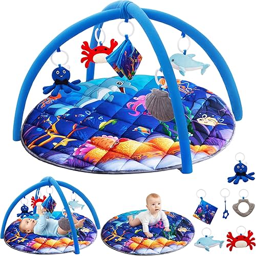 Yeeeasy Ocean Theme Baby Play Gym Mat, Tummy Time Activity Mat with 5 Detachable Marine Toys, Sensory & Motor Skill Development for 0 3 6 9 12 Month Baby and Newborns, Vibrant Deep Blue