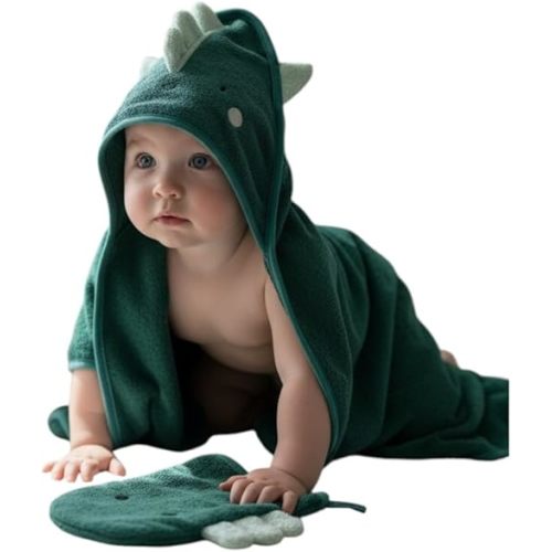 Hooded Baby Towel with Mitt - Ultra Soft Plush Bath Essential for Newborn, Infant & Toddler - Premium 30x30 Inch Large Absorbent Baby Bath Towels with Hood for Boys & Girls (Happy Dino)