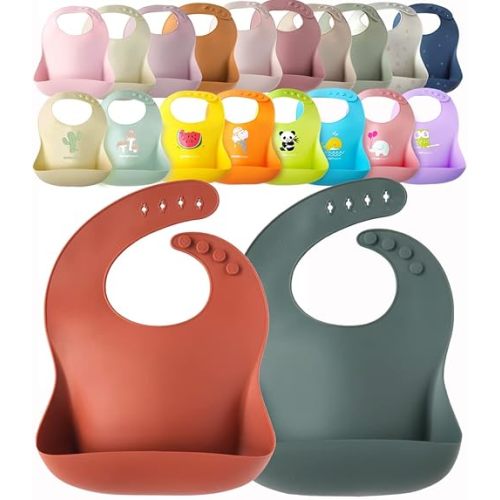 2-Pack Waterproof Silicone Baby Bib Lightweight Comfortable Easy-Wipe Clean (Ocean Wave/Terra Cotta)