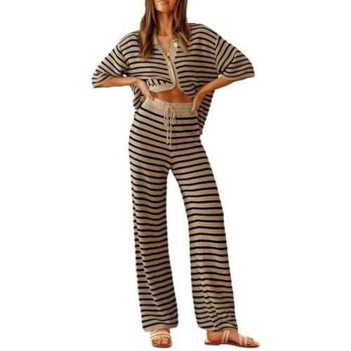 Tankaneo Womens Knit 2 Piece Lounge Sets Striped Short Sleeve Tops and Wide Leg Pants Travel Airport Vacation Outfits
