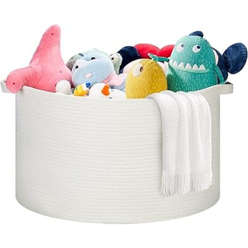 Ravinte Blanket Basket - 20"x 20"x 13" Cotton Rope Basket for Living Room, Baby Toy Storage Basket, Large Woven Laundry Basket (White)