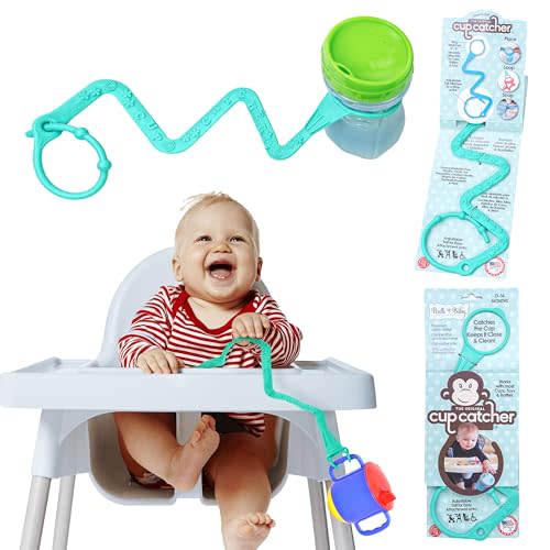 Brilli Baby Cup Catcher | Patented Safety Baby Toy Strap | Secure Sippy Cups, Bottles, Pacifiers & Toys to Stroller, High Chair, Car Seat | Dishwasher-Safe, Food-Grade, Made in USA (Aqua)