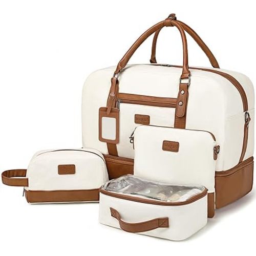 Wogarl 4PCS Weekender Bags for Women Large Overnight Bag Weekend Travel Duffel Bag Carry on Shoulder with Shoe Compartment Canvas Toiletry Bag for Travel Business Gym,Beige