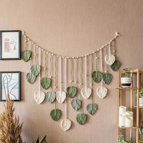 Bohemian Leaf Macrame Wall Hanging - 120x75cm Green Handmade Tapestry | 16 Hanging Leaves | Natural Beige Thread with Wooden Beads | Living Room Bedroom Decor | Housewarming Gift