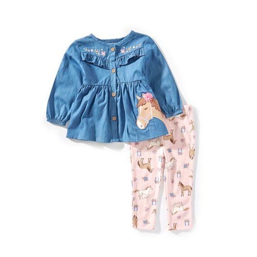 Baby Starters Baby Girls Long Sleeve Denim Floral Dress 2-Piece Legging Set