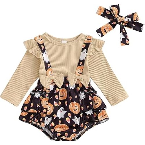 Infant Girl Pumpkin Rompers Fall Outfit Long Sleeve Ruffle Romper and Headband Ghost Bodysuit Halloween Baby Clothes