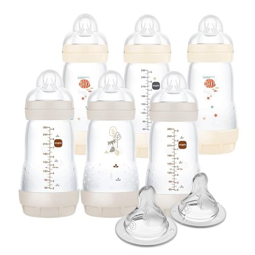 MAM 9oz Easy Start Anti-Colic Baby Bottles, Medium Flow with 2X Bonus Nipples (Fast and Extra Fast Flow), Reduces Colic, Gas, & Reflux, Easy-to-Clean, BPA-Free, 2 Plus Months