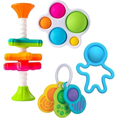 Fat Brain Diaper Bag Essentials, 4 Piece Dimpl Toys, Mini Spinny, Storage Bag