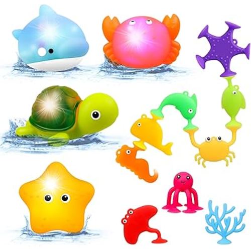 Baby Bath Toys Light Up - No Hole Bath Toys - Sensory Toys for Toddlers - Baby Suction Pool Beach Bathtub Water Toys - Gifts for Boys Girls Kids 6 12 18 Months Age 1 2 3 Year Old Birthday