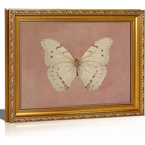 FKRYTYB Elegant Gold Framed Pink Moody Butterfly Wall Art 9x11in | Neutral Moody Insect, Antique Moth Picture, Rustic Farmhouse Style for Living Room Bedroom Dorm Office