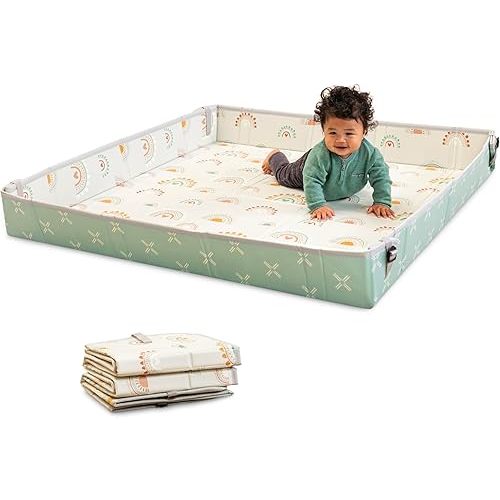 Infantino Foldable Soft Foam Mat, Extra Large Double-Sided Cushioned Portable Play Mat with Fold-Up Sides, Non Slip Crawling & Playing for Infants and Toddlers, Rainbows