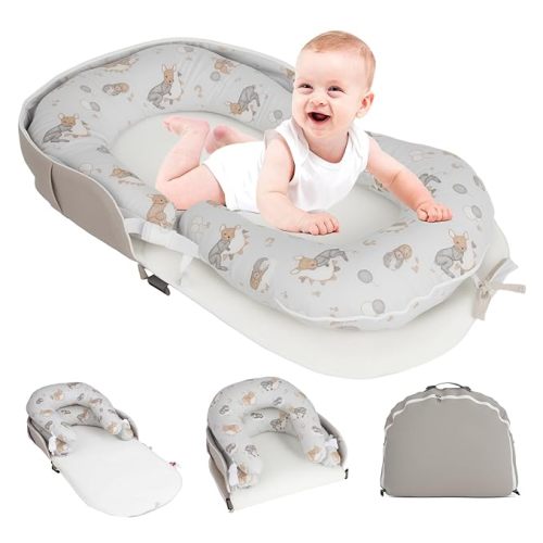 Portable Baby Lounger & Tummy Time with Zip-Up Carry Bag, Infant Support Cushion for Newborns to Toddlers (Fox)