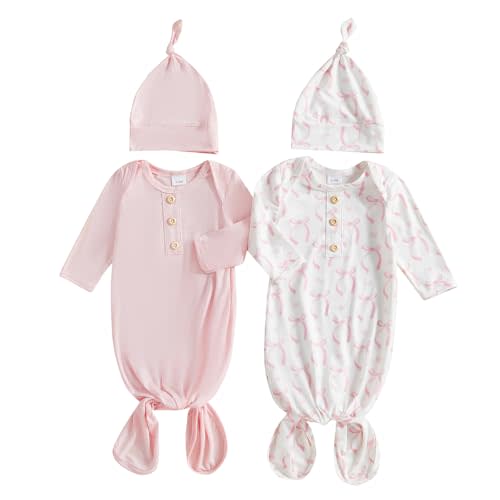 woshilaocai 2 Pack Baby Boy Girl Gown Sleeper Newborn Knotted Nightgown and Hat Set Infant Sleepwear