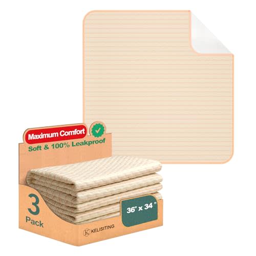 Bed Pads for Incontinence Washable Waterproof, 36" x 34" (Pack of 3) - Reusable Medium Bamboo Fiber Pee Pads for Adults, Women, Elderly, Pet, 4-Layer Underpads for Sofa, Couch, Furniture - KELISITING
