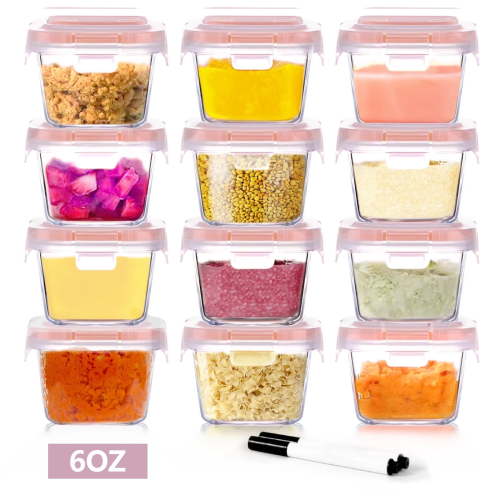 WhiteRhino 12 Pack 6oz Glass Baby Food Storage Containers with Lids, Jars for Toddlers,Microwave & Dishwasher Safe