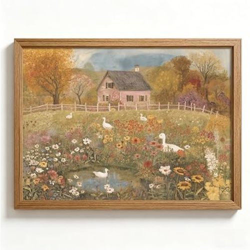 Vintage Duck Wall Art Farmhouse Animal Painting Country Cottage Canvas Wall Decor Cottagecore Nursery Picture Rustic Folk Art Print Pond Landscape Artwork for Bedroom Bathroom 16x24 Inch Framed