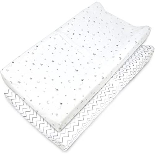 American Baby Company 2 Pack Printed 100% Cotton Knit Fitted Contoured Changing Table Pad Cover - Compatible with Mika Micky Bassinet, Gray Stars and Zigzag, for Boys and Girls