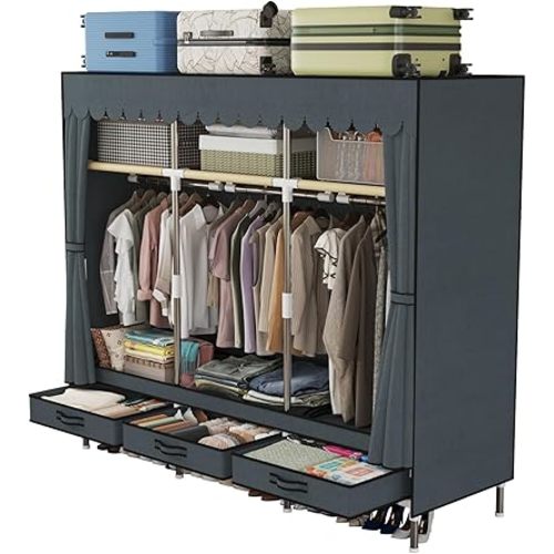 Portable Wardrobe, Freestanding Closet Hanging Organization, Metal Frame with Grey Fabric Cover, 3 Storage Compartments, 3 Hanging Rods, 3 Drawers.