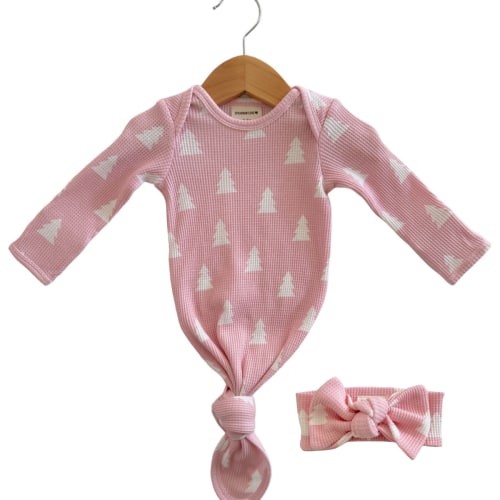 Organic Waffle Knotted Gown & Bow Set, Pink Christmas Trees