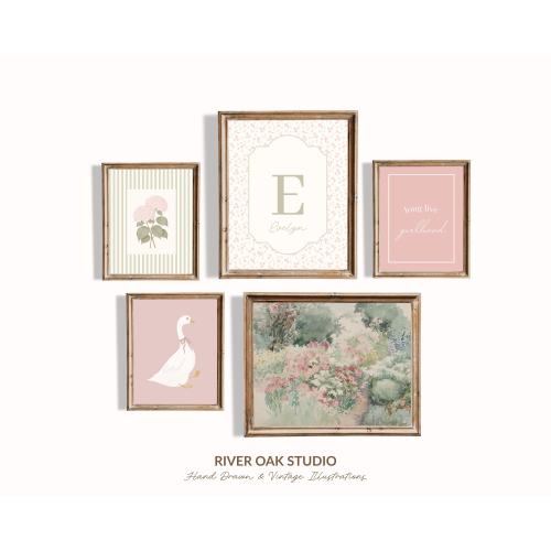 Cottagecore Girl Nursery Gallery Wall Prints: Pink Floral Name, Goose, Landscape, Long Live Girlhood