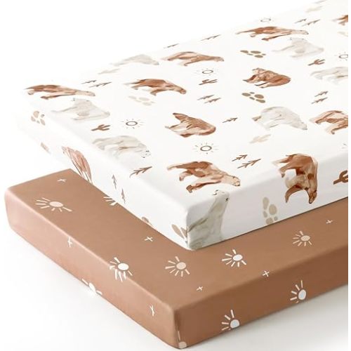 Stretchy Ultra Soft Jersey Knit Fitted Pack n Play Sheets Set 2 Pack, Portable/Mini Crib Sheets for Boys and Girls, Universal Snug Fitted for Pack N Plays, Stylish Playard Sheets of Sunny Bear Print