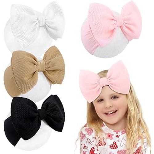 YanJie 6'' 4Pcs Baby Girl Headbands Hair Bows for Newborn Handmade Headbands with Bow Head Wraps for Infant Baby Toddler Girls Black White Pink