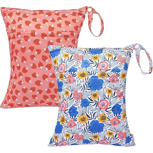 ALVABABY 2pcs Cloth Diaper Wet Dry Bags Waterproof Reusable with Two Zippered Pockets Travel Beach Pool Daycare Soiled Baby Items Yoga Gym Bag for Swimsuits or Wet Clothes L-H441432