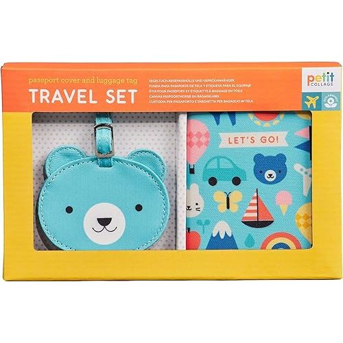 Petit Collage Luggage Tag and Passport Holder for Kids, Blue – Baby Travel Set Includes a Bear Luggage Tag and a Standard-Sized Kid’s Passport Cover