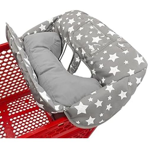 Soft Pillow Attached 2-in-1 Shopping Cart and High Chair Cover for Baby, Cotton Padded Cart Cover, Fold'n Roll Style, Portable with Carry Bag (Gray Stars)