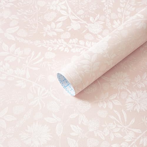 Guvana Pink and White Peel and Stick Wallpaper Floral Wallpaper Slef Adhesive Removable Waterproof Contact Paper Boho Wall Paper for Living Room Bedroom Stair Kitchen Bathroom 17.3''x394''