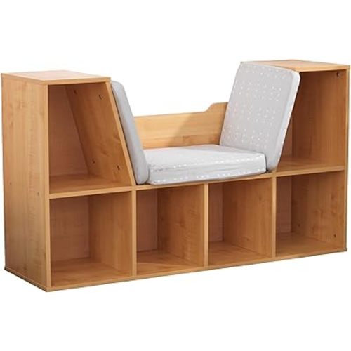 KidKraft Wooden Bookcase with Reading Nook, Storage and Gray Cushion - Natural
