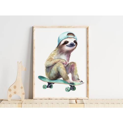 Walldecor Nursery Decore Sloth on a Skateboard Wall Art Animal - Etsy