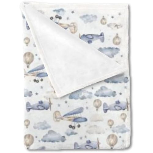 Unisex Plane Hot Air Balloons Transportation Theme Baby Nursery Throw Gift Blanket for Boys Girls, Aircraft Clouds Stars Pattern Swaddle Receiving Bed Blanket for Newborn Toddlers Kids-30x40