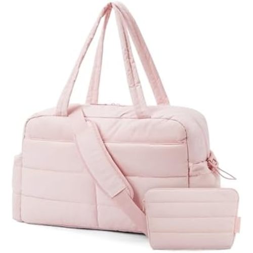 BAGSMART Travel Duffle Bag Gym Bag for Women, 31L Puffer Tote Bag Quilted Laptop Carry on, Weekender Overnight Bag Organizer Duffel Bag for Travel, Pink