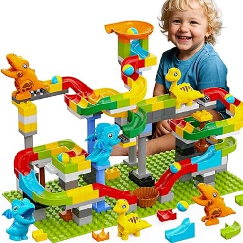 Dinosaur Marble Run Building Blocks, 148PCS Compatible with Lego DUPLO Marble Runs for Kids 4-8, Montessori Educational Learning STEM Toys, Dinosaur Toys for Kids 3-5, Toddler Toys for Age 3+, Gift