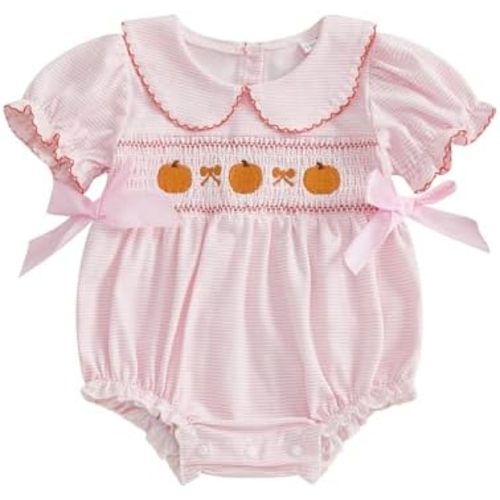 Halloween Baby Girl Outfit Pumpkin Bubble Romper Plaid Smocked Bodysuit Newborn First Halloween Clothes Fall