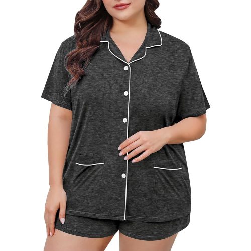 SWOMOG Women's Plus Size Pajamas Set Button Down Tops Short Sleeve Sleepwear Soft Pajama Shorts 2 Pcs Lounge Sets With Pocket