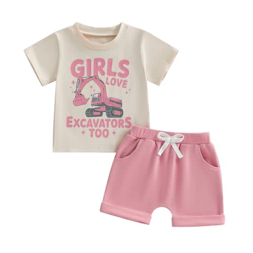 Fernvia Baby Girl Summer Clothes 3 6 12 18 24 Months Toddler Outfit Letter Tractor Short Sleeve Shirt Tops Shorts Set