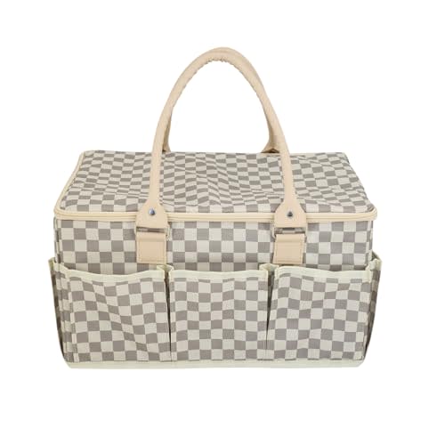 Luxury Baby Diaper Caddy Organizer with Lid- Stylish Checkered Nursery Basket, Large Portable Storage for Car, Picnic, Parent- Loved, Mom- Approved Nursery Organizer - Premium Handles- Cream Gray