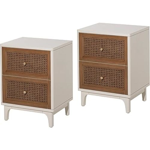 Set of 2 Fully-Assembled 2-Drawer Woven Cane Front Accent Nightstand with Brass Knobs, Distressed White