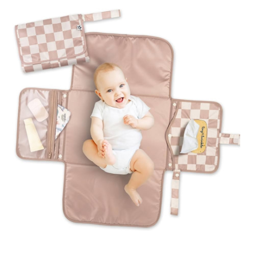 Tiny Twinkle Portable Diaper Changing Pad | Waterproof, Wipeable & Compact Baby Changing Pad for Travel | Smart Wipes Pocket & Organized Storage| Newborn Shower Gift (Beige Checkers)