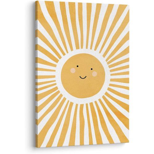 XWELLDAN Cute Cartoon Smiling Sun Cheerful Nursery Wall Art Canvas Prints,Watercolor Boho Neutral Sun Sunshine Wall Art Decor for Kids Baby Bedroom Nursery Playroom, 16 x 24 Inch, Framed