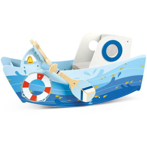Hape: Captains Rocking Boat - Wooden Ride-On Seat Chair Rocker, Rowers & Steering Wheel, Nautical Seaside Themed Tugboat Toy, Baby & Toddler Ages 1+