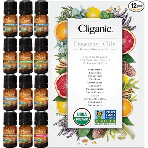 Cliganic USDA Organic Aromatherapy TOP 12 Essential Oils Set, 100% Pure - Peppermint, Lavender, Eucalyptus, Tea Tree, Lemongrass, Rosemary, Frankincense, Orange, Lemon, Cassia, Cedarwood & Grapefruit
