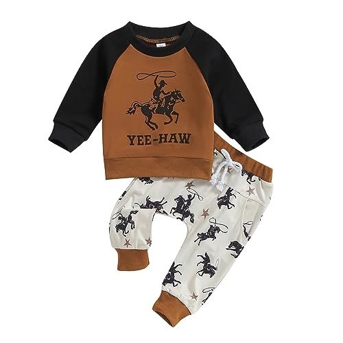 SAYOO Western Baby Boy Clothes Cow Print Sweatshirt Pullover Top Jogger Pants 2Pcs Toddler Boy Cowboy Fall Winter Outfits