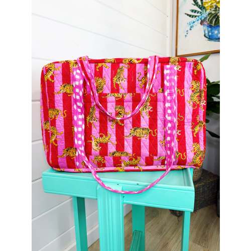Quilted Overnight Weekender Bag - Pink Red Tiger Print